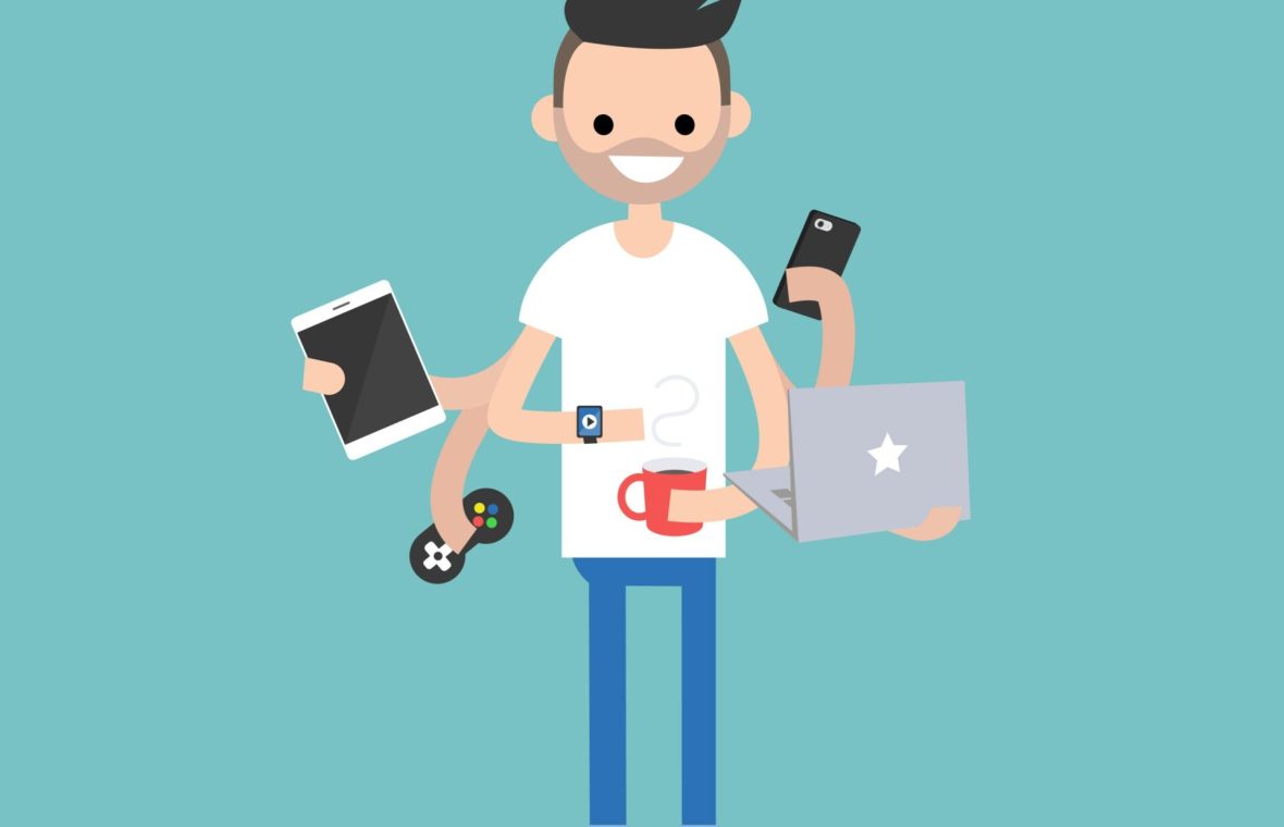 generatia Millennials caracteristici. Tânăr millennial cu tableta, telefon, laptop