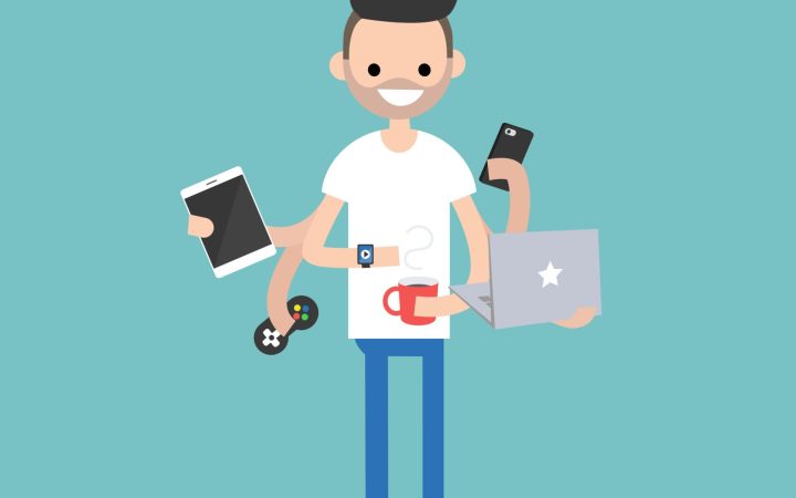 generatia Millennials caracteristici. Tânăr millennial cu tableta, telefon, laptop