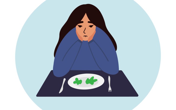 dieta daneza pareri meniu 13 zile. Femeie deprimata care tine dieta cu o farfurie cu doua bucati de salata