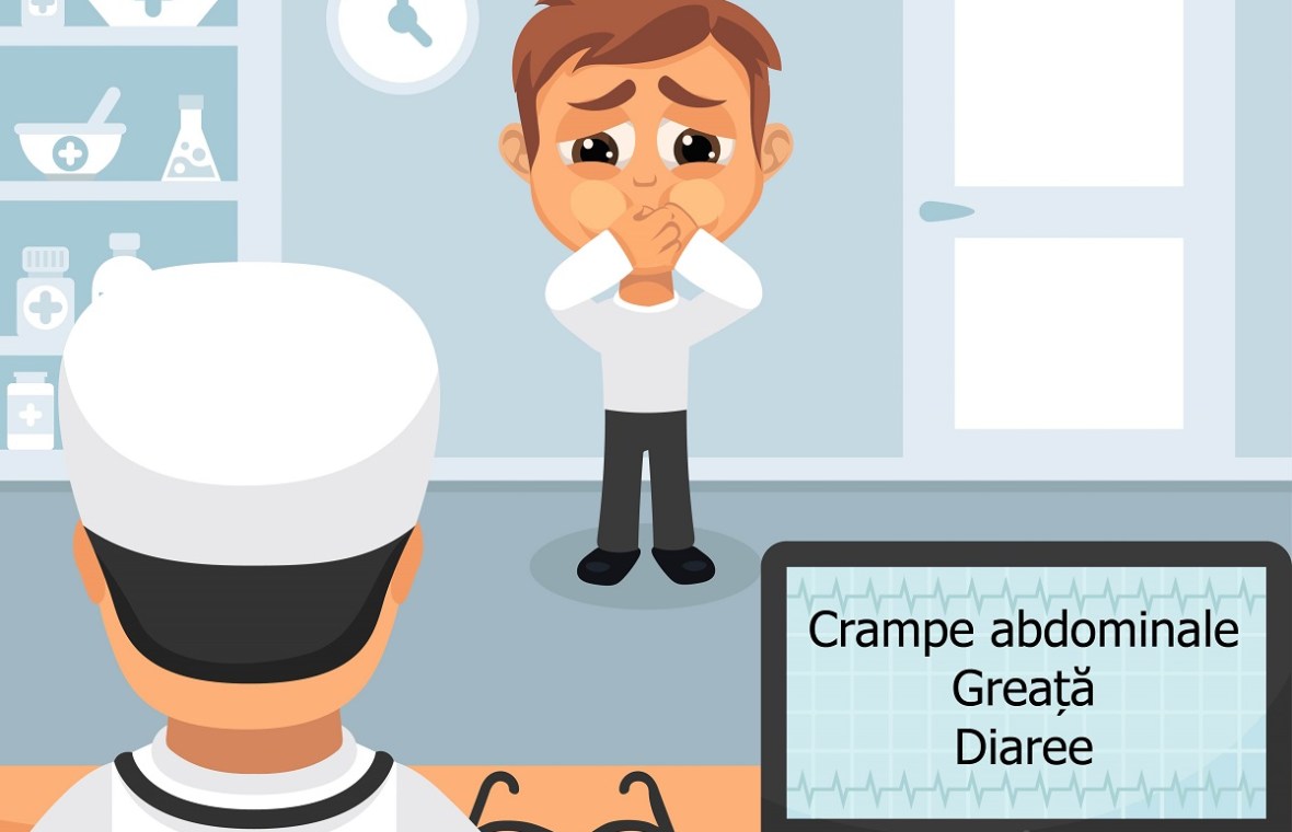 toxiinfectie alimentara cele mai periculoase alimente. barbat la medic cu senzatie de greata. Medicul trece pe calculator simptomele: crampe abdominale, greață, diaree