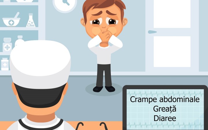 toxiinfectie alimentara cele mai periculoase alimente. barbat la medic cu senzatie de greata. Medicul trece pe calculator simptomele: crampe abdominale, greață, diaree