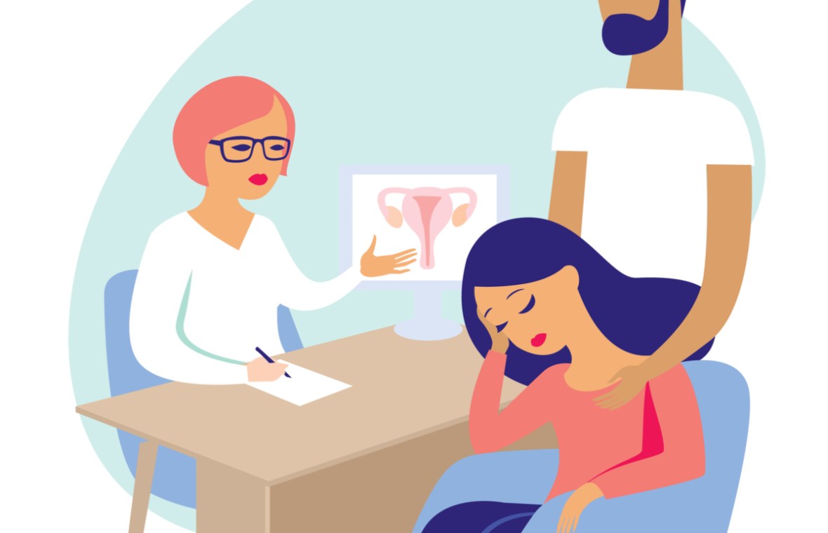 analize medicale fertilitate femei pe varste. cuplu trist la medicul ginecolog care le explica aparatul genital feminin