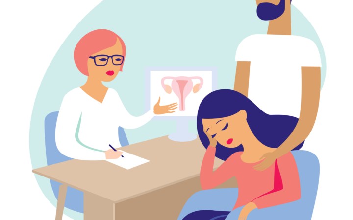 analize medicale fertilitate femei pe varste. cuplu trist la medicul ginecolog care le explica aparatul genital feminin