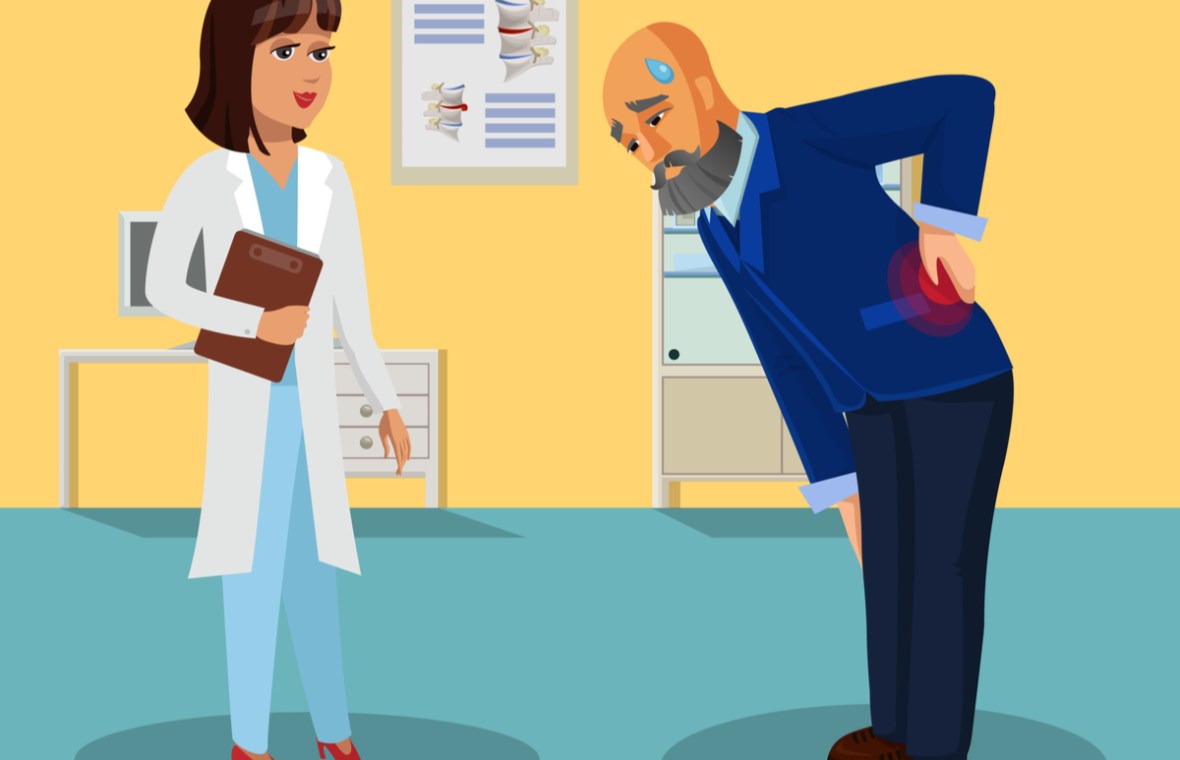 dureri de spate cauze. bărbat de vârstă mijlocie cu spatele blocat in pozitia aplecat, la medic