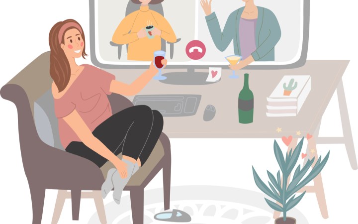 consumul de alcool dupa pandemie chestionar audit. femei care consuma alcool impreuna intr-o conferinta online