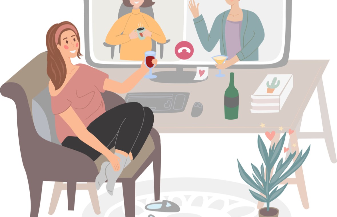consumul de alcool dupa pandemie chestionar audit. femei care consuma alcool impreuna intr-o conferinta online