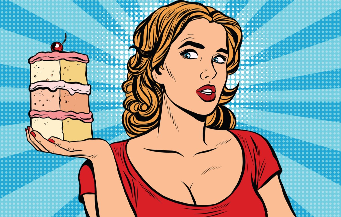 dieta rina reguli avantaje dezavantaje si kilograme pierdute. femeie cu o felie mare de tort in mana dreapta