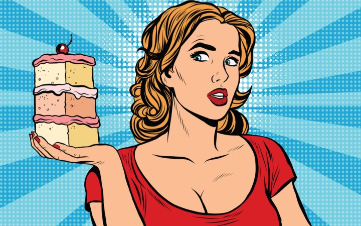 dieta rina reguli avantaje dezavantaje si kilograme pierdute. femeie cu o felie mare de tort in mana dreapta