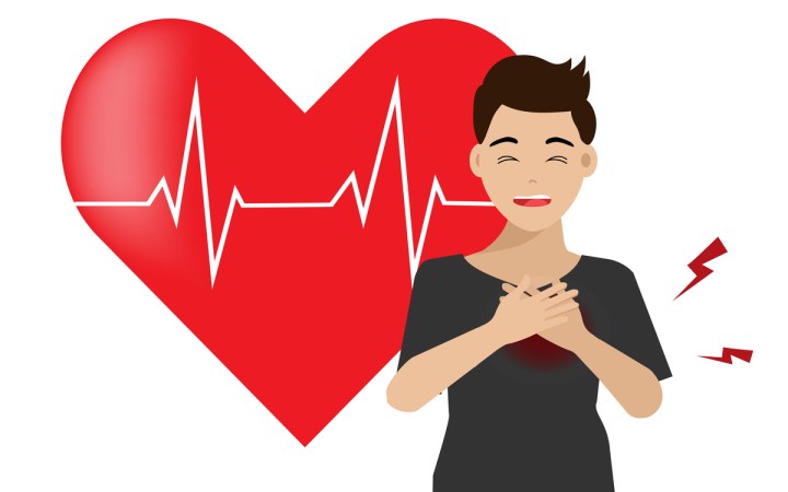 o aritmie cardiaca poate duce la infarct sau atac cerebral. barbat cu durere in piept si o inima cu ritm cardiac pe fundal