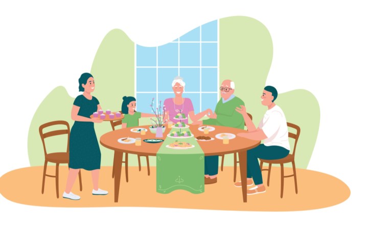 masa de paste in familie meniu alternativ fara carne pentru vegetarieni. familie numeroasa in jurul mesei de paste