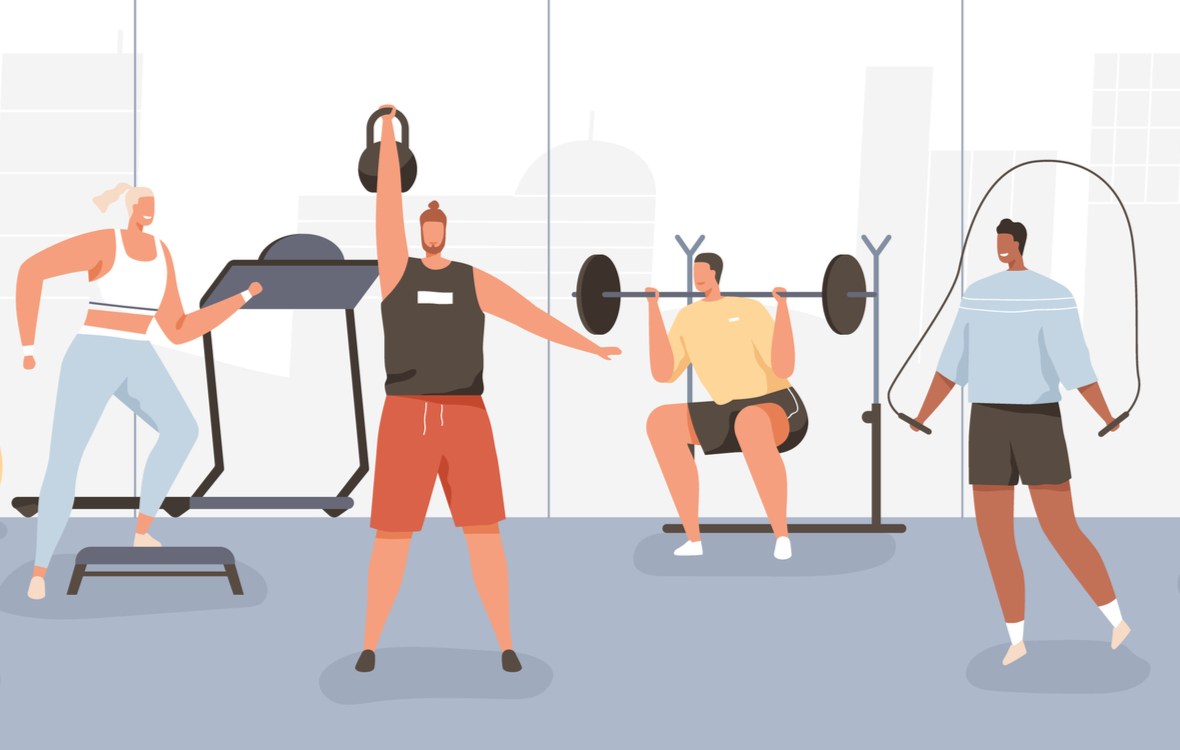 masa musculara exercitii ideale alimentatie si odihna. femei si barbati la sala de fitness