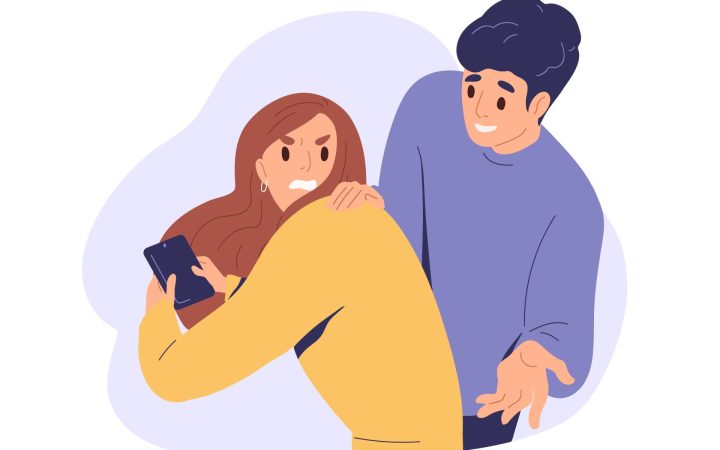 femeie care verifică telefonul partenerului din gelozie