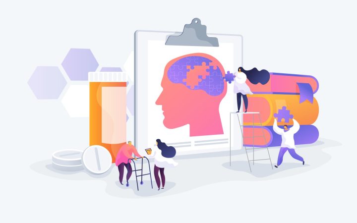 tratamentul Alzheimer. Medici care rezolvă un puzzle în creierul uman și vârstnic cu Alzheimer