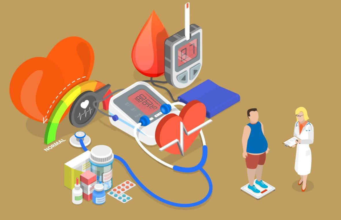 bărbat cu obezitate abdominală care se cântărește și este evaluat de un mecdic pentru riscul de sindrom metabolic