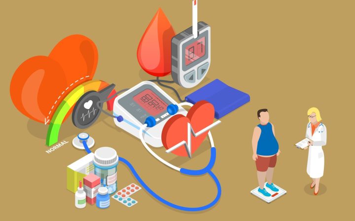 bărbat cu obezitate abdominală care se cântărește și este evaluat de un mecdic pentru riscul de sindrom metabolic