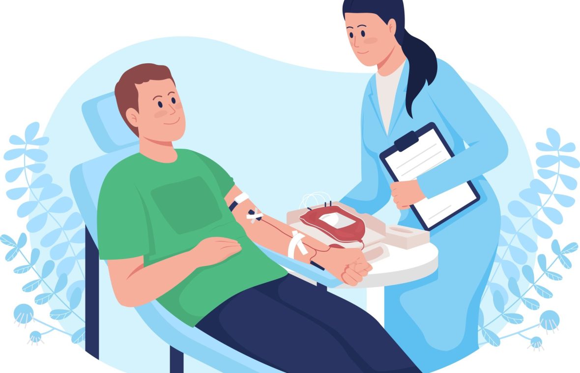 bărbat care donează sânge, alături de un medic. Donarea de sânge salvează vieți.