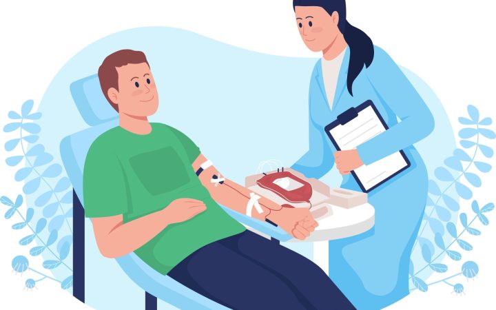 bărbat care donează sânge, alături de un medic. Donarea de sânge salvează vieți.