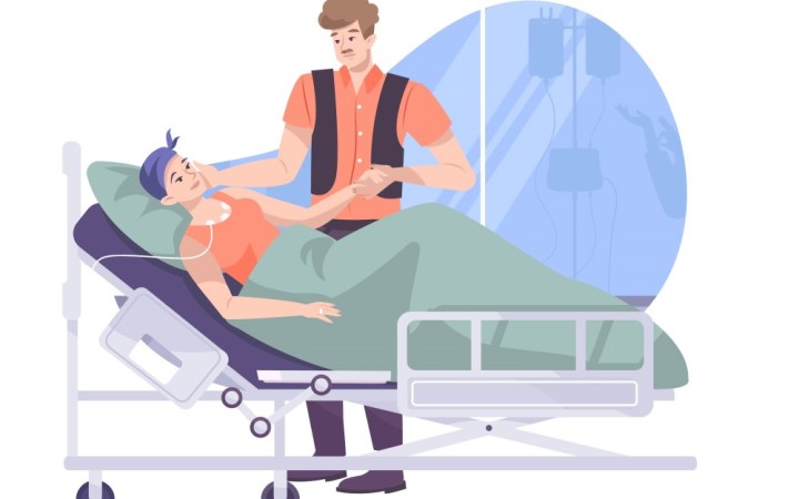 partenerii bolnavilor de cancer risc major de depresie si anxietate. barbat in vizita la sotia cu cancer la spital