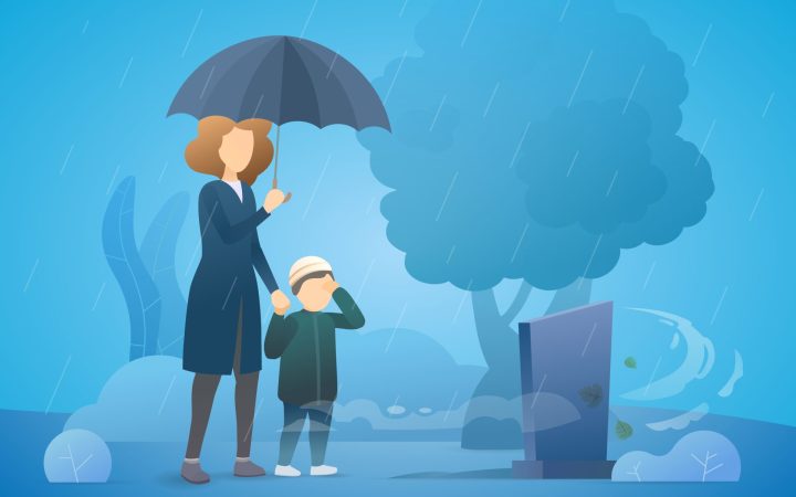 Doliu în familie, mamă cu copilul în fața unui mormânt