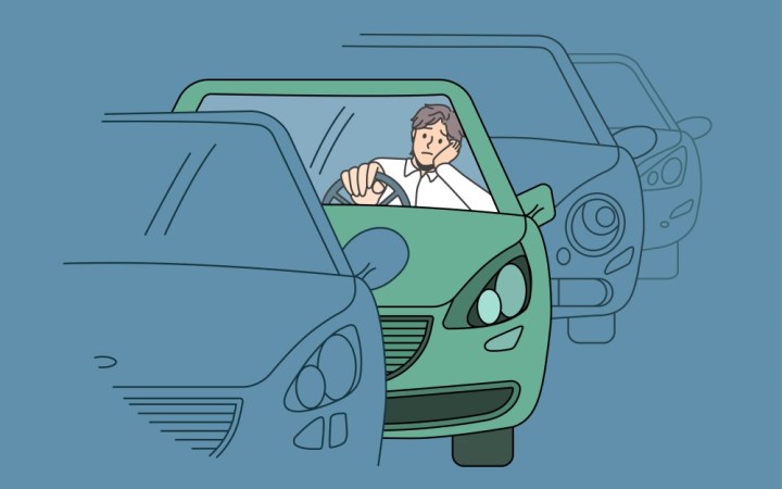 poluarea in trafic dupa doua ore apar leziuni cerebrale. barbat trist la volanul masinii, in trafic aglomerat
