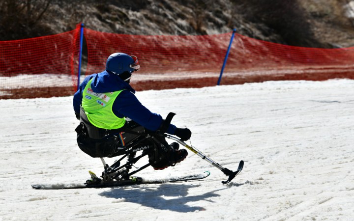 monoschi. persoana cu dizabilitati care schiaza in scaun special