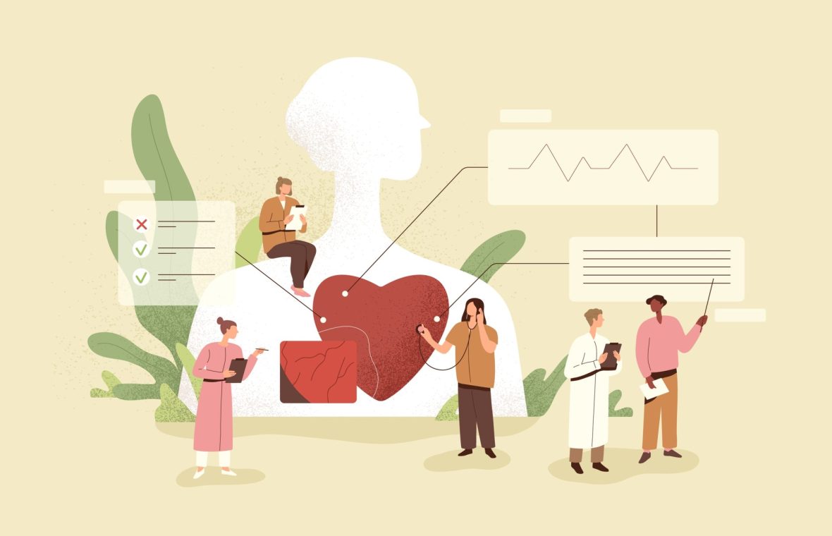 medici care consultă inima unei femei. Sănătatea femeii poate fi afectată de boli cardiace.