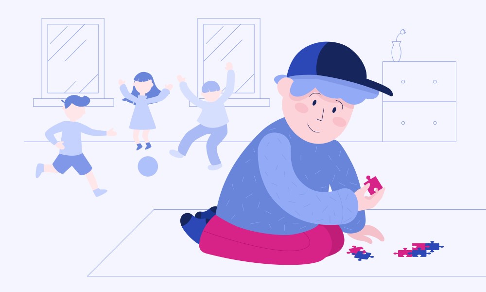 sindromul asperger primele semne la copii si simptome la adulti. baiat care face puzzle in timp ce ceilalti copii se joaca