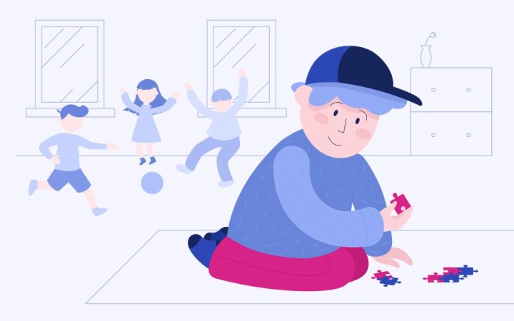 sindromul asperger primele semne la copii si simptome la adulti. baiat care face puzzle in timp ce ceilalti copii se joaca