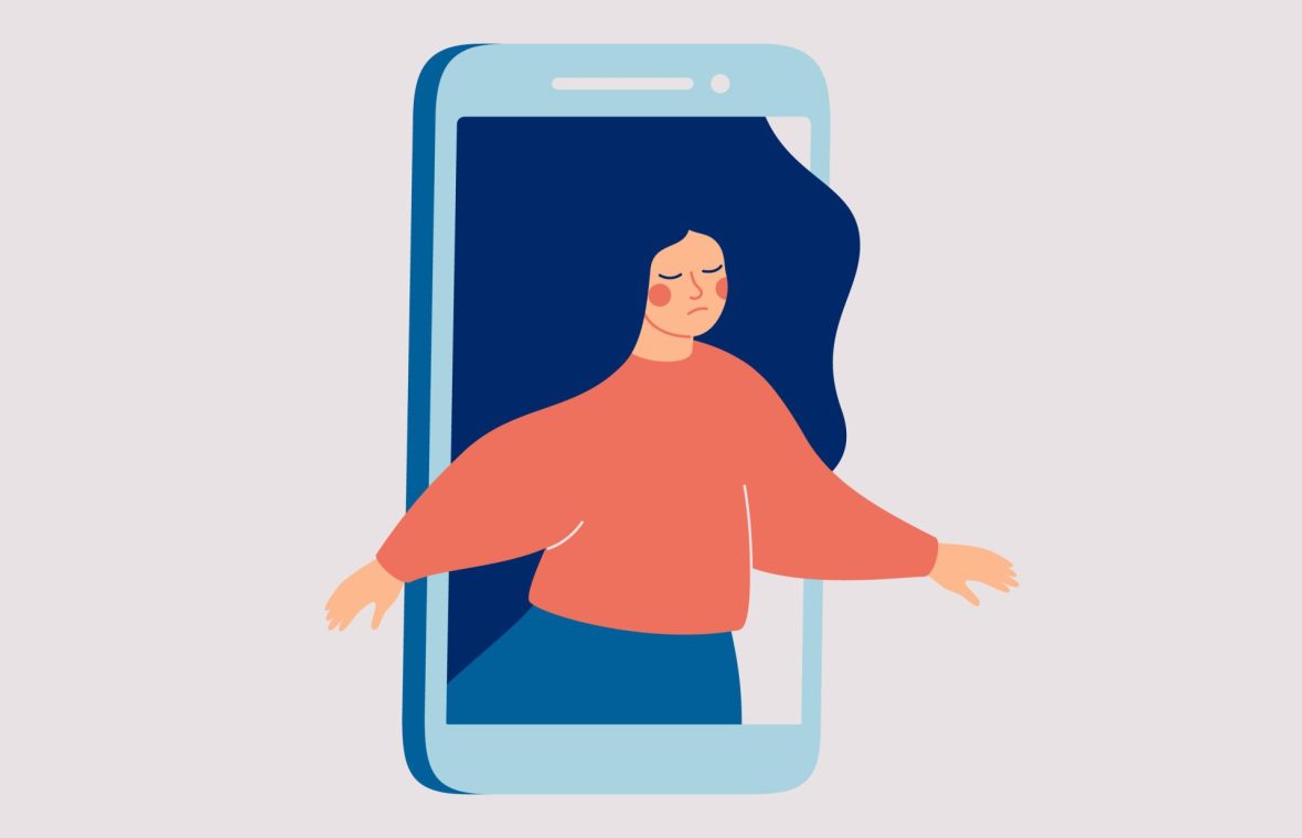 social media indicii depresie anxietate femeie trista care iese din telefon