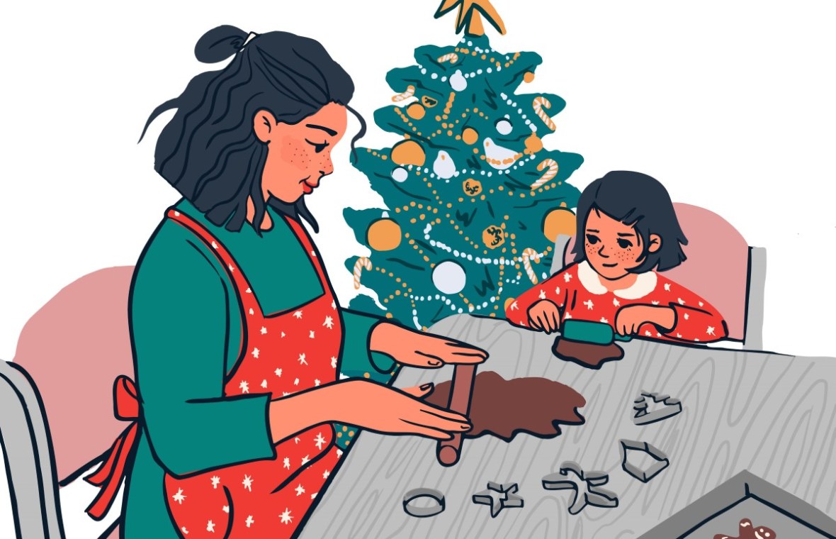 Ultima masă de Crăciun împreună cu mama. mama și fiica fac biscuiți de Crăciun