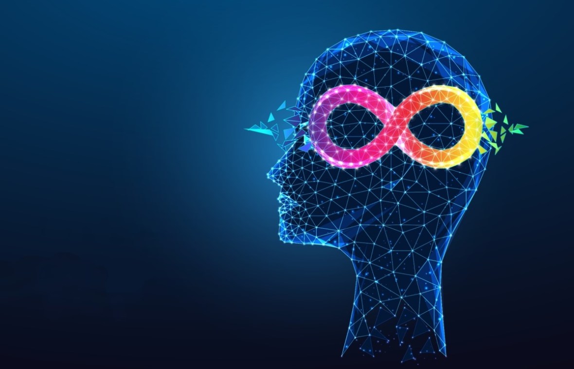 persoanele-cu-autism-au-anumite-avantaje-cognitive-performante-crescute. creier cu semnul infinit in culorile autismului