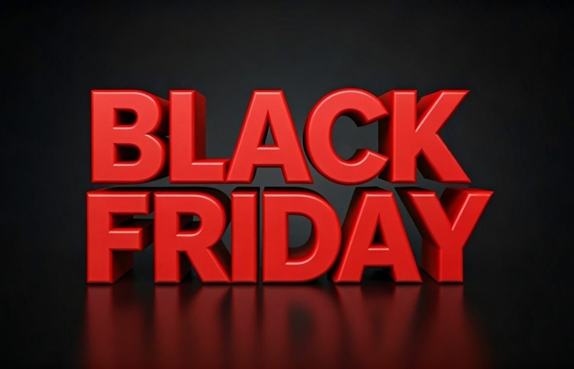 afiș black friday scris roșu pe fundal negru