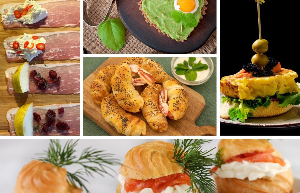 idei de aperitive pentru petrecere: pigs in blankets, tartine de avocado cu ou de prepeliță, omletă cu caviar, somon cu cremă de brânză, creveți în foietaj