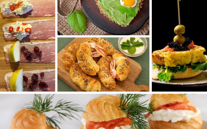idei de aperitive pentru petrecere: pigs in blankets, tartine de avocado cu ou de prepeliță, omletă cu caviar, somon cu cremă de brânză, creveți în foietaj