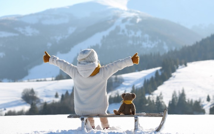 Copil cu ursuleț de jucărie, stă pe o sanie și se uită la munții înzăpeziți.