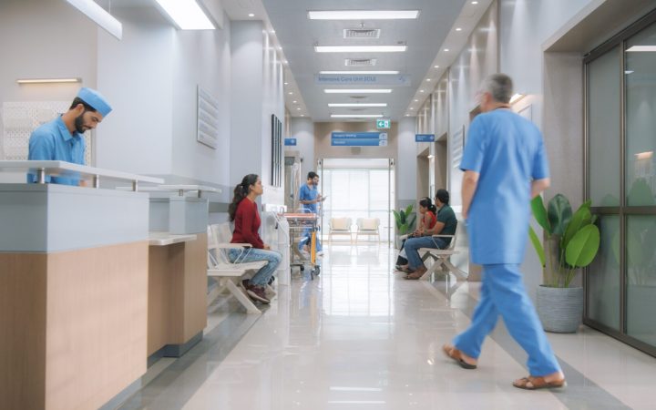pacienți și medici pe holul unui spital