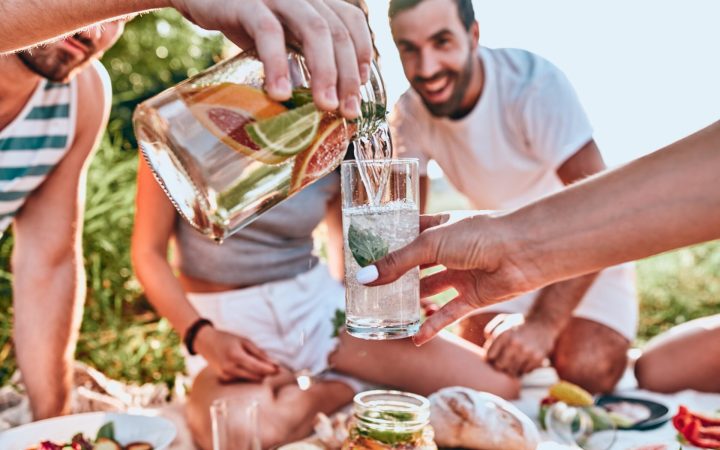 grup de prieteni care se distrează la iarbă verde bând limonadă - relaxare fără alcool