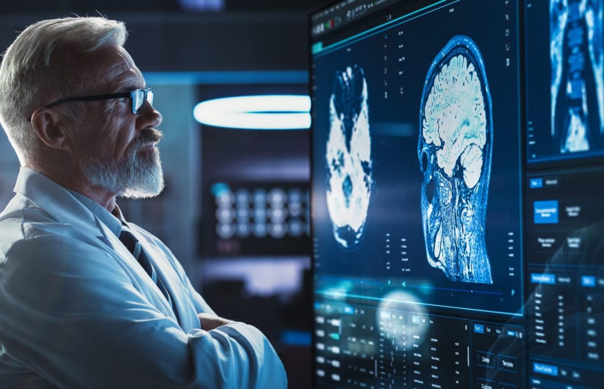 doctor bărbat în vârstă se uită la imagini cu rmn cerebral