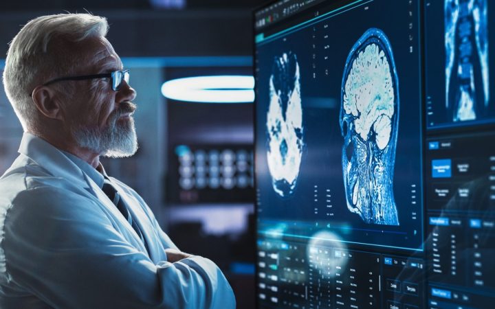 doctor bărbat în vârstă se uită la imagini cu rmn cerebral